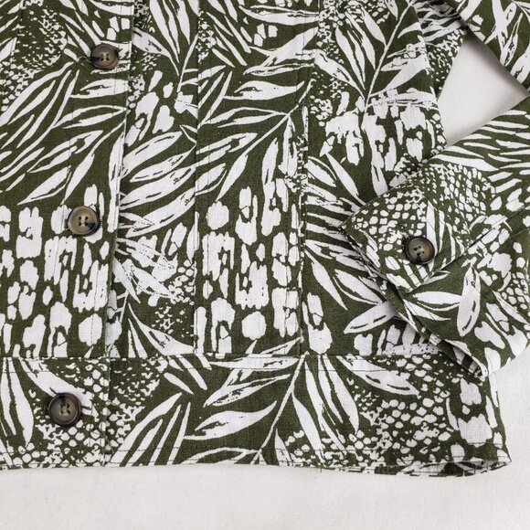 Tahari Linen Blend Button Up Jacket Womens Medium Green Leaf Print Lightweight - Picture 2 of 8